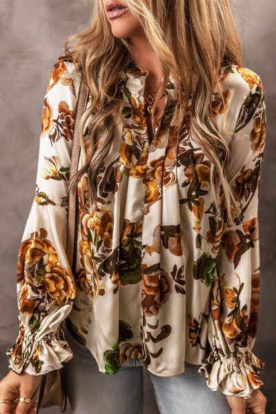 swvws Printed Notched Long Sleeve Blouse