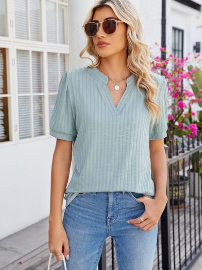 swvws Texture Notched Short Sleeve Blouse