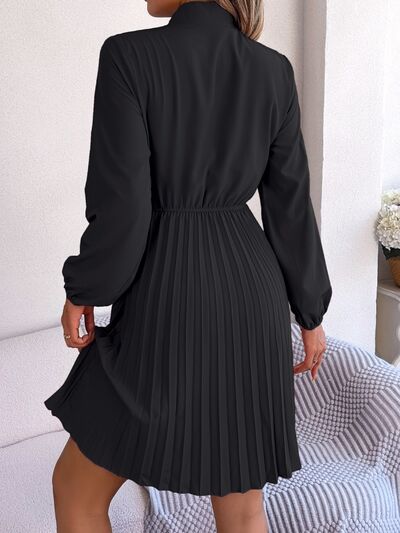 swvws Tie Neck Balloon Sleeve Pleated Dress