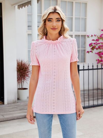 swvws Eyelet Frill Mock Neck Flounce Sleeve Blouse