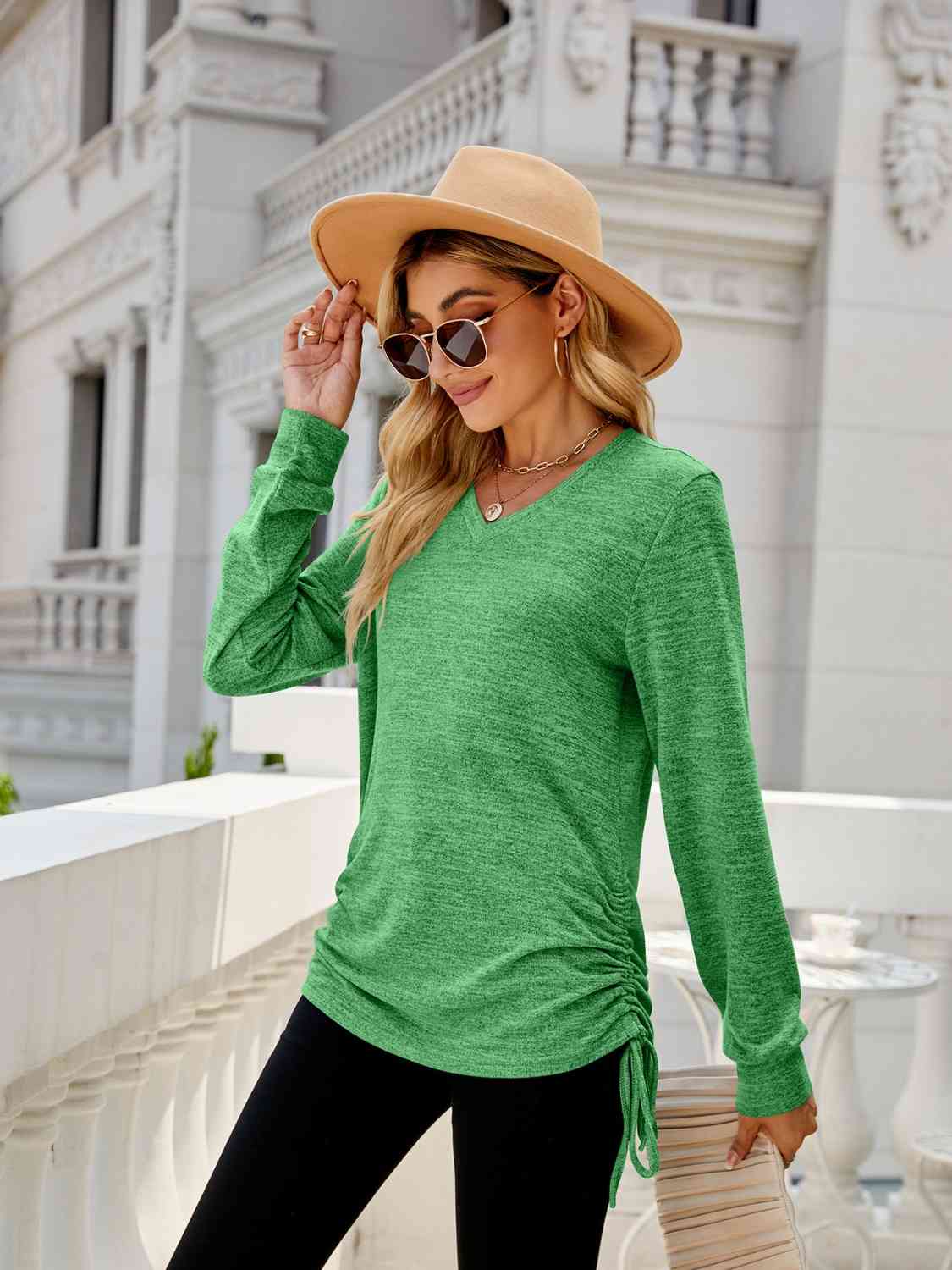 swvws Drawstring V-Neck Long Sleeve T-Shirt