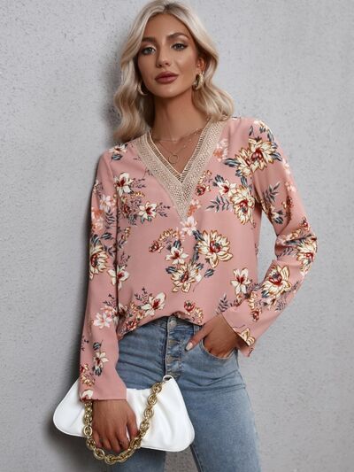 swvws Printed V-Neck Long Sleeve Blouse