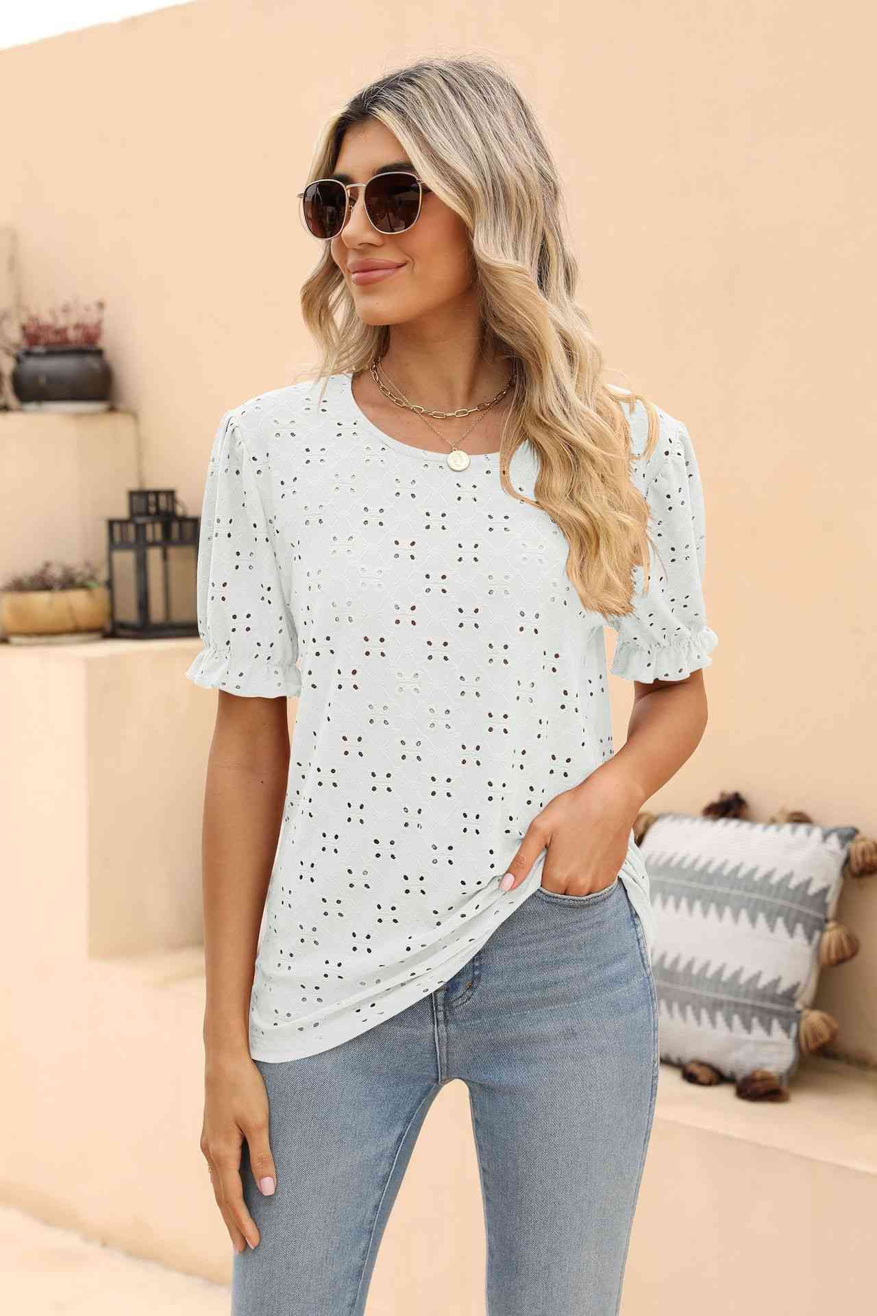 swvws Openwork Round Neck Flounce Sleeve T-Shirt