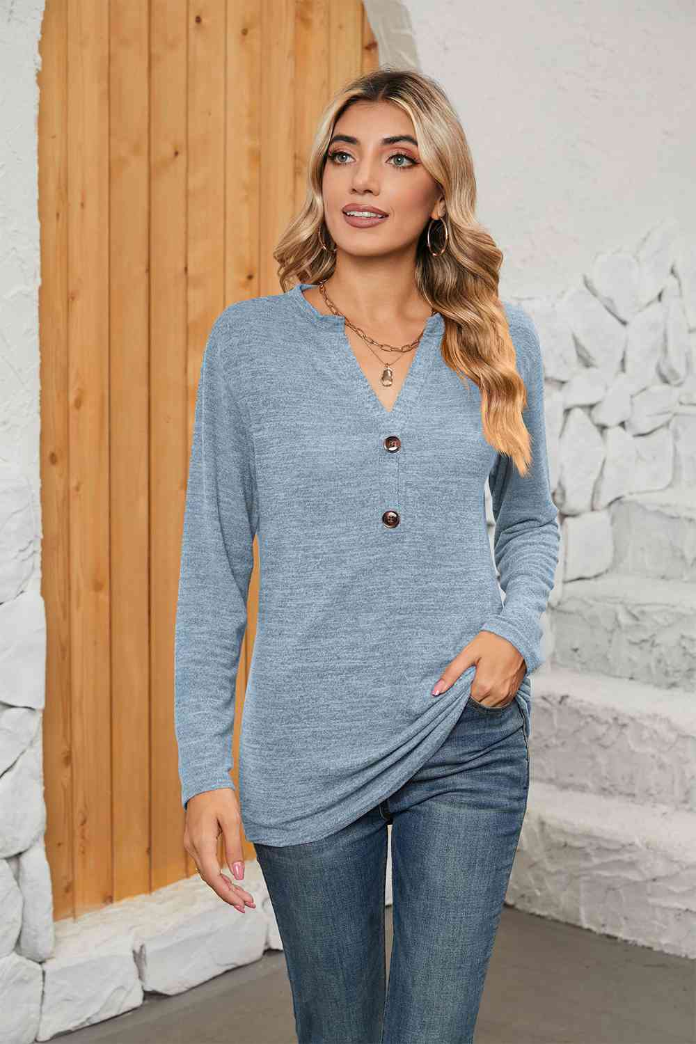 swvws Notched Neck Long Sleeve T-Shirt