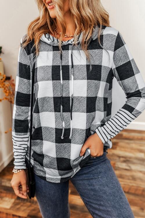 swvws Plaid Drawstring Long Sleeve Hoodie