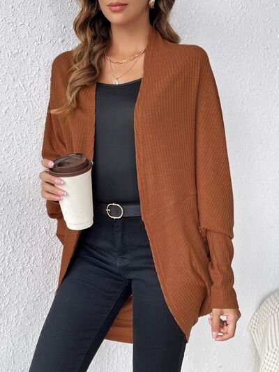 swvws Ribbed Open Front Lantern Sleeve Cocoon Cardigan