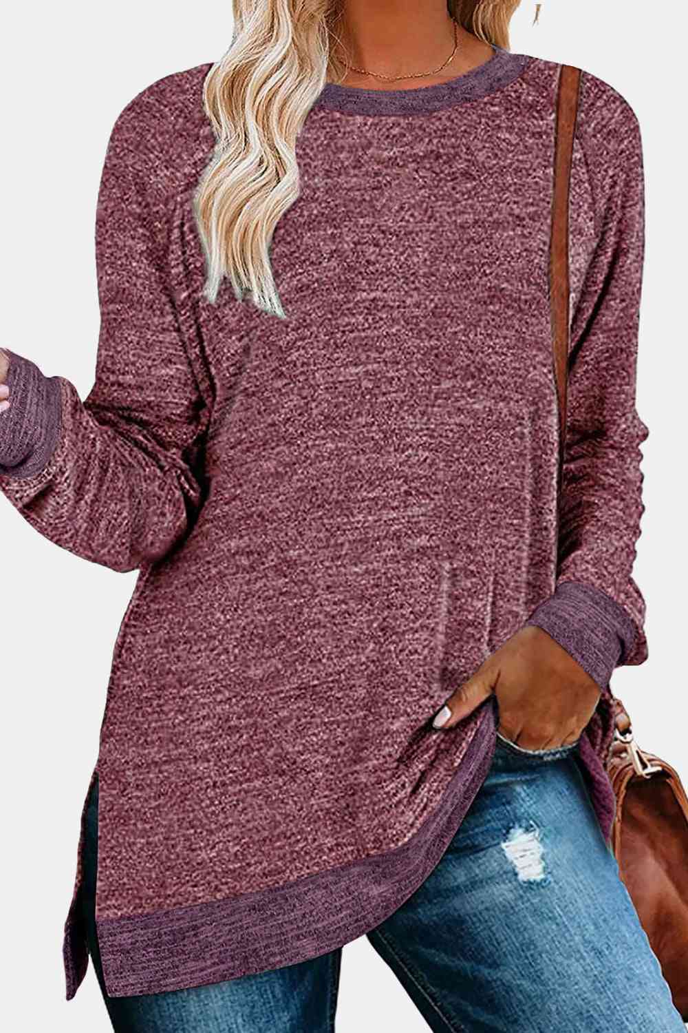 swvws Round Neck Long Sleeve Slit T-Shirt