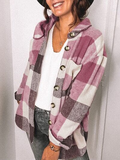 swvws Plaid Pocketed Dropped Shoulder Button Up Jacket