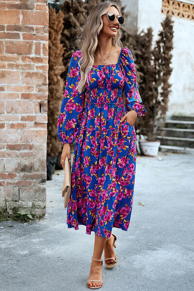 swvws Printed Balloon Sleeve Pocketed Midi Dress