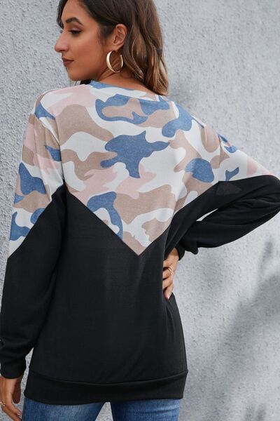 swvws Camouflage Round Neck Long Sleeve Sweatshirt