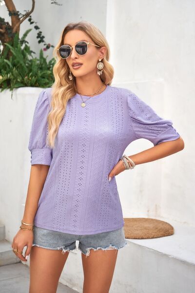 swvws Openwork Round Neck Short Sleeve Blouse