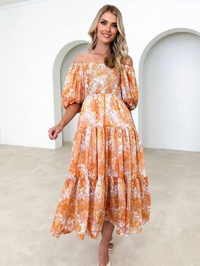 swvws Printed Smocked Off-Shoulder Tiered Dress