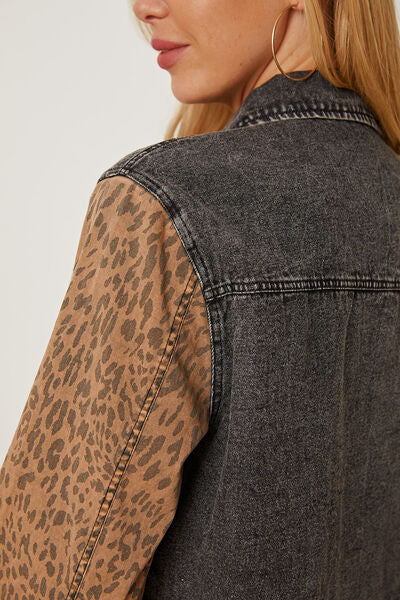 swvws Leopard Raw Hem Pocketed Denim Jacket