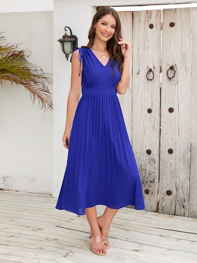 swvws Pleated V-Neck Sleeveless Midi Dress