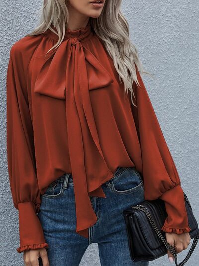 swvws Tie Neck Lantern Sleeve Blouse