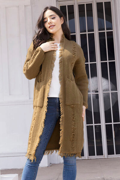 swvws Fringe Trim Open Front Cardigan with Pockets