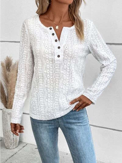 swvws Openwork Half Button Long Sleeve Blouse