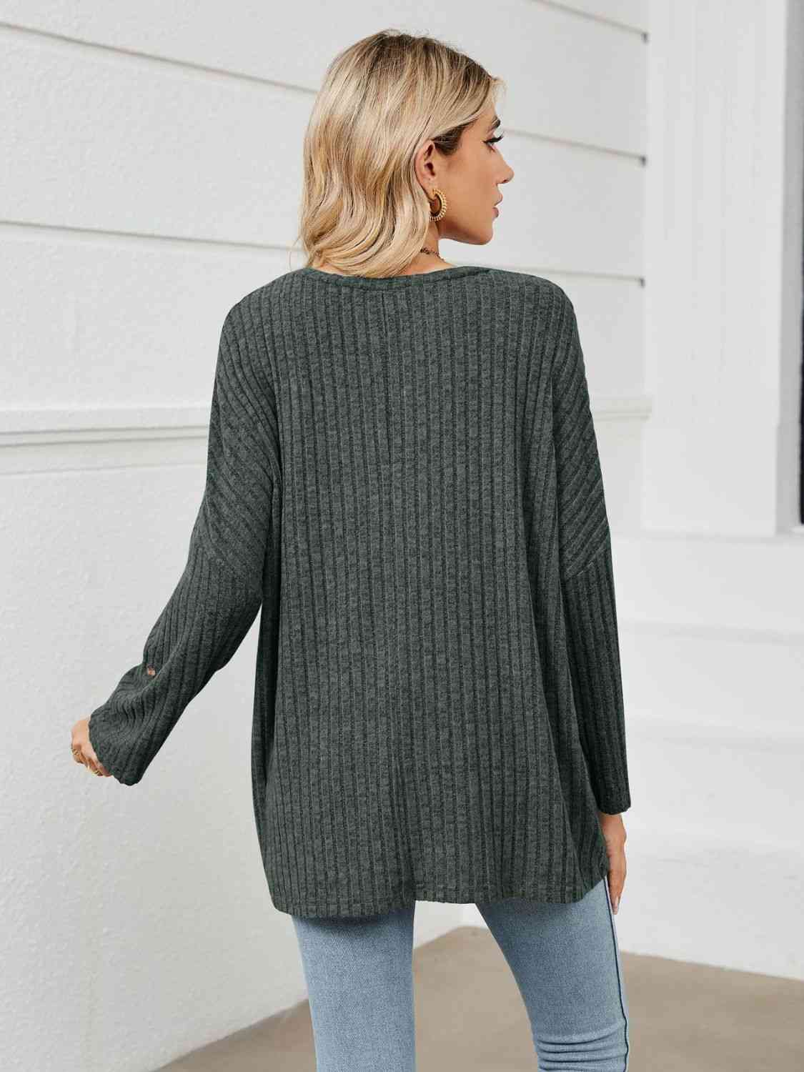 swvws Round Neck Ribbed Long Sleeve T-Shirt