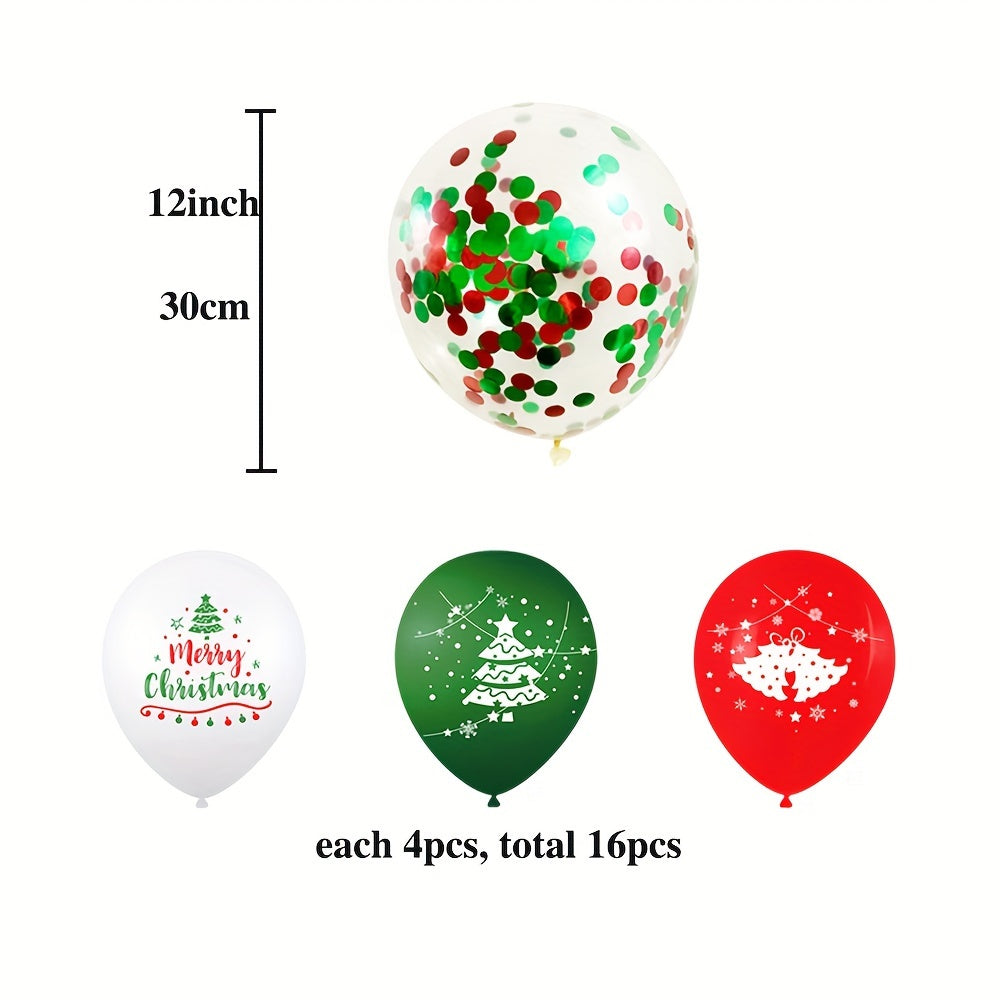 16pcs Merry Christmas Balloon Glitter Set -12 Inch Christmas Decoration Balloons - Dress Up Your New Year Party!