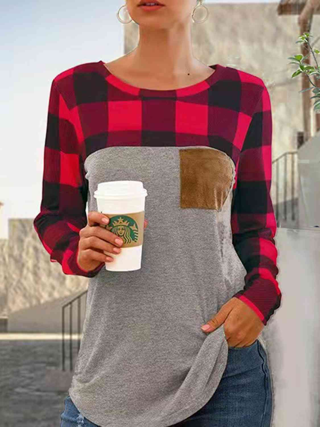 swvws Plaid Round Neck Long Sleeve T-Shirt