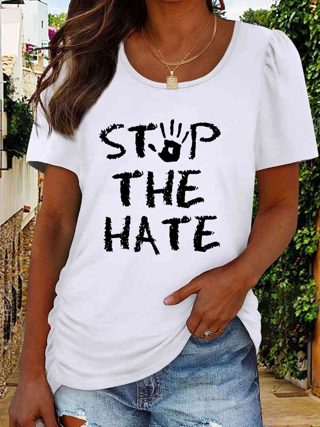 swvws Round Neck Short Sleeve STOP THE HATE Graphic T-Shirt