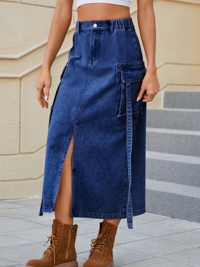 swvws Slit Pocketed High Waist Denim Skirt