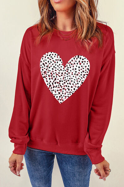 swvws Heart Round Neck Dropped Shoulder Sweatshirt