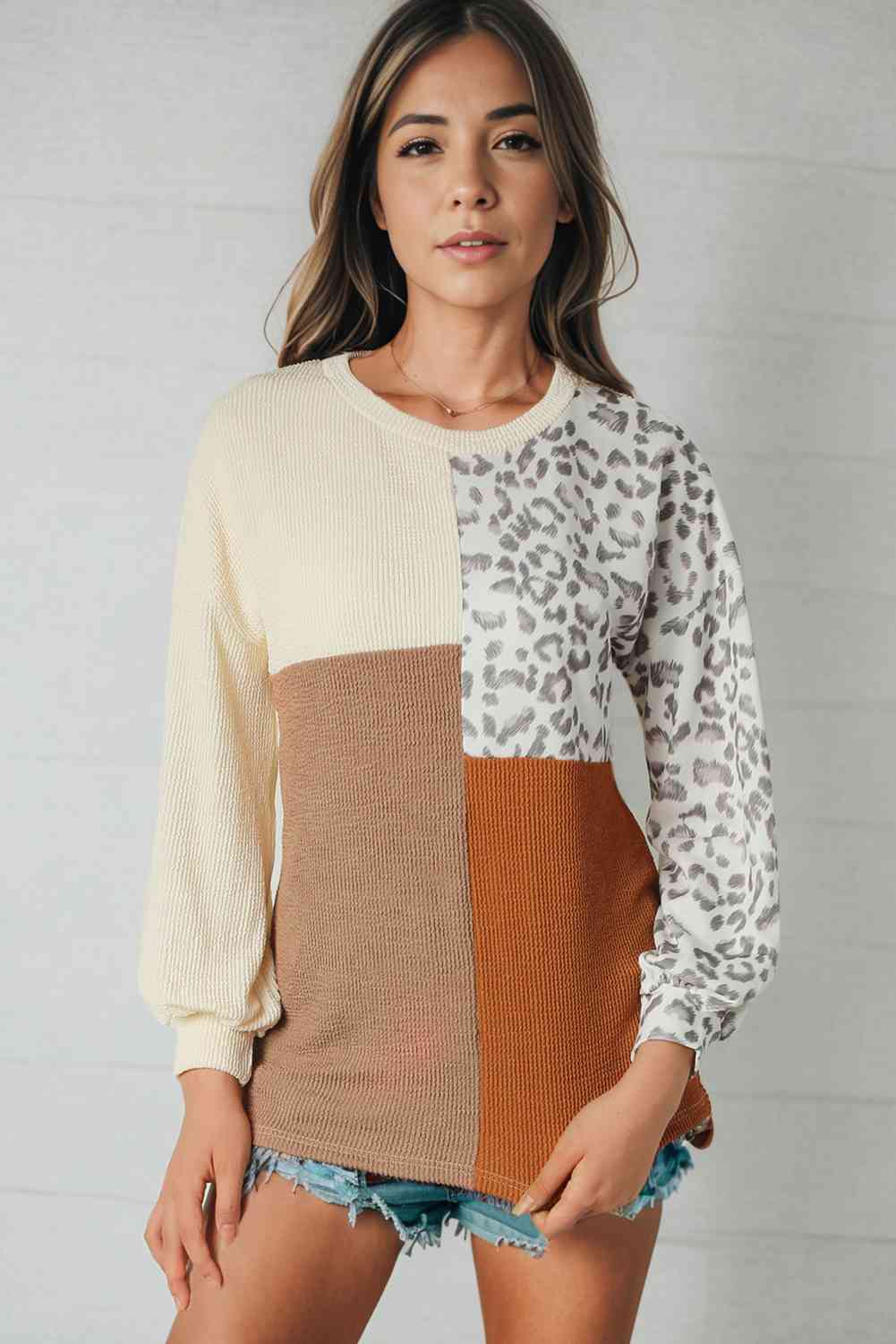 swvws Leopard Patchwork Long Sleeve Top