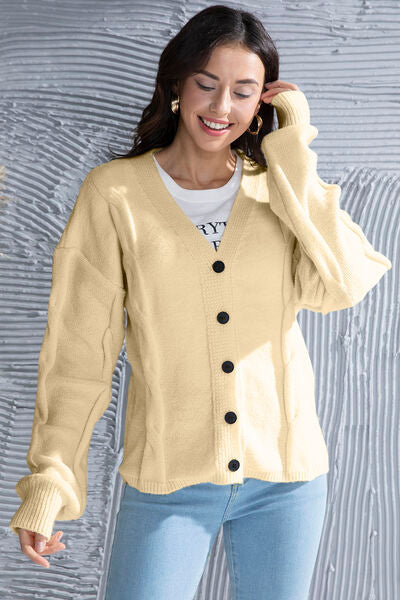 swvws Button Up V-Neck Drop Shoulder Long Sleeve Cardigan