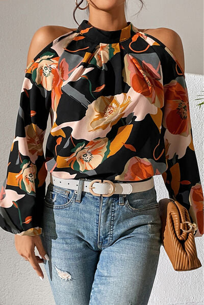 swvws Floral Cold Shoulder Balloon Sleeve Blouse