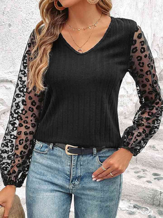 swvws Leopard Long Sleeve V-Neck Top