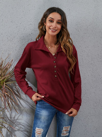 swvws Half Button Dropped Shoulder Blouse