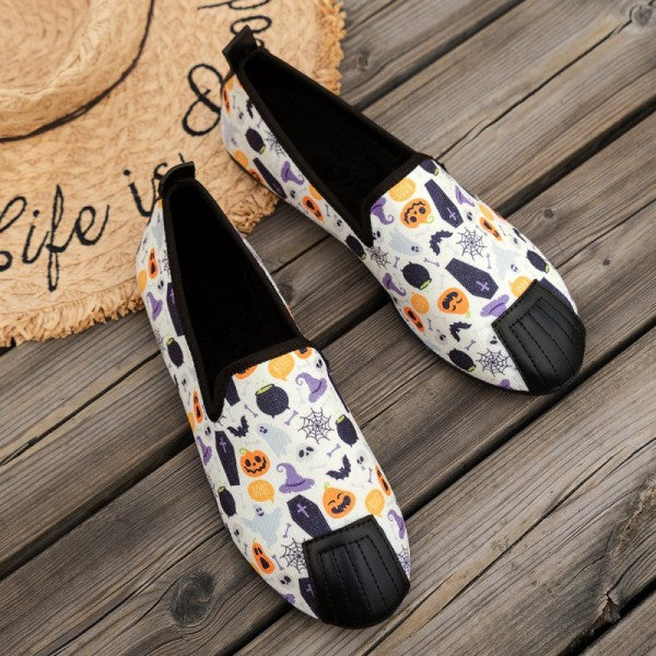 swvws - Halloween Cream White Casual Patchwork Printing Round Comfortable Flats Shoes