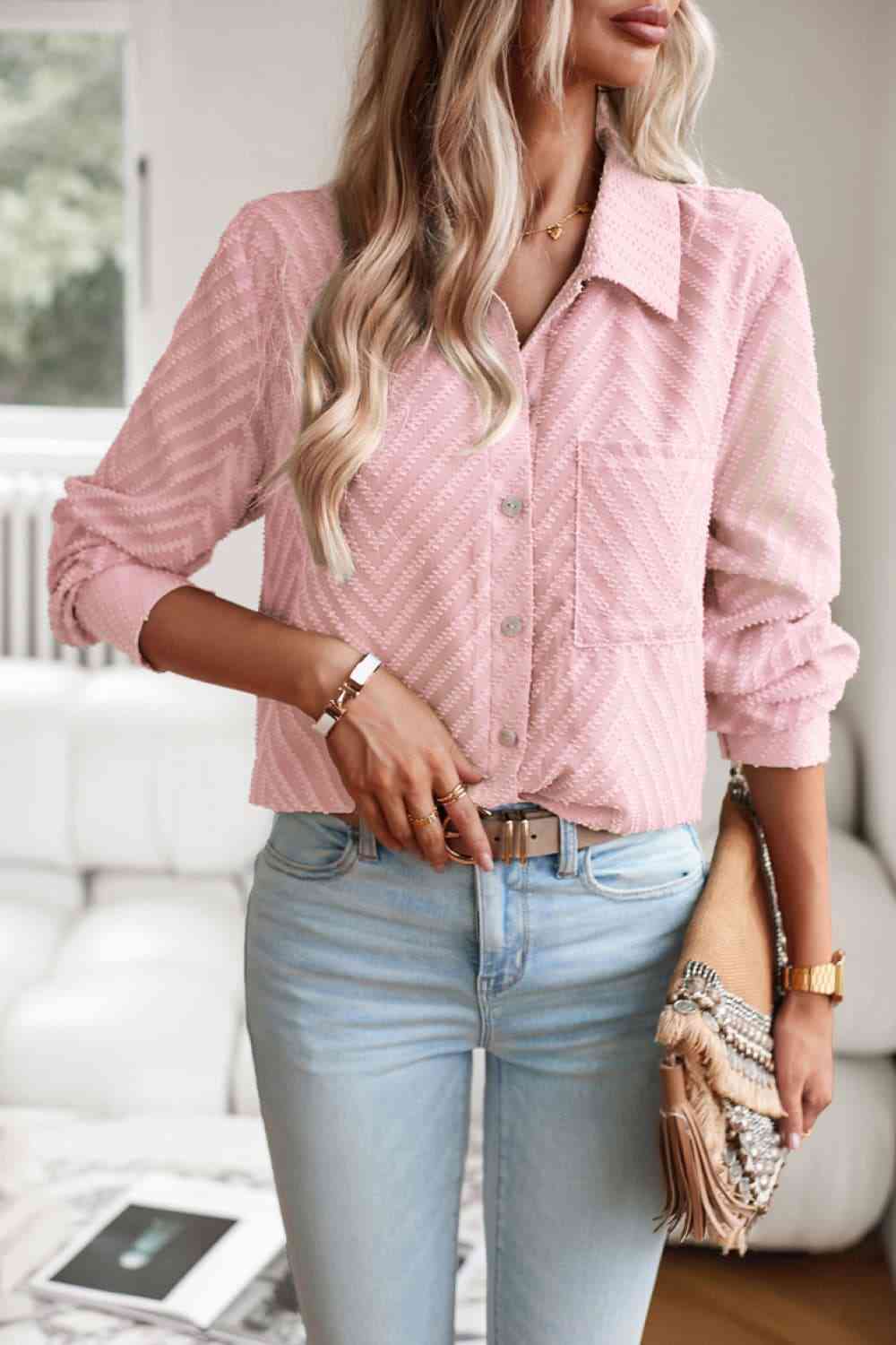 swvws Collared Neck Long Sleeve Pocketed Shirt