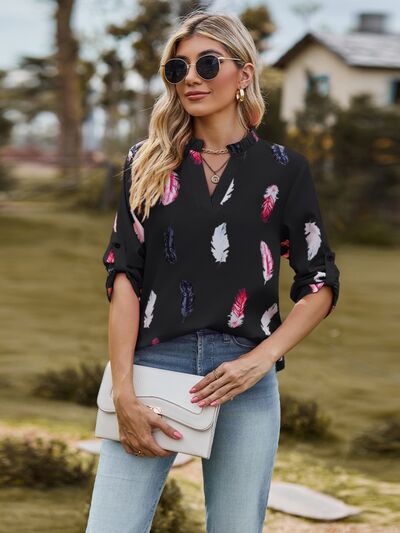 swvws Printed Frill Notched Roll-Tab Sleeve Blouse