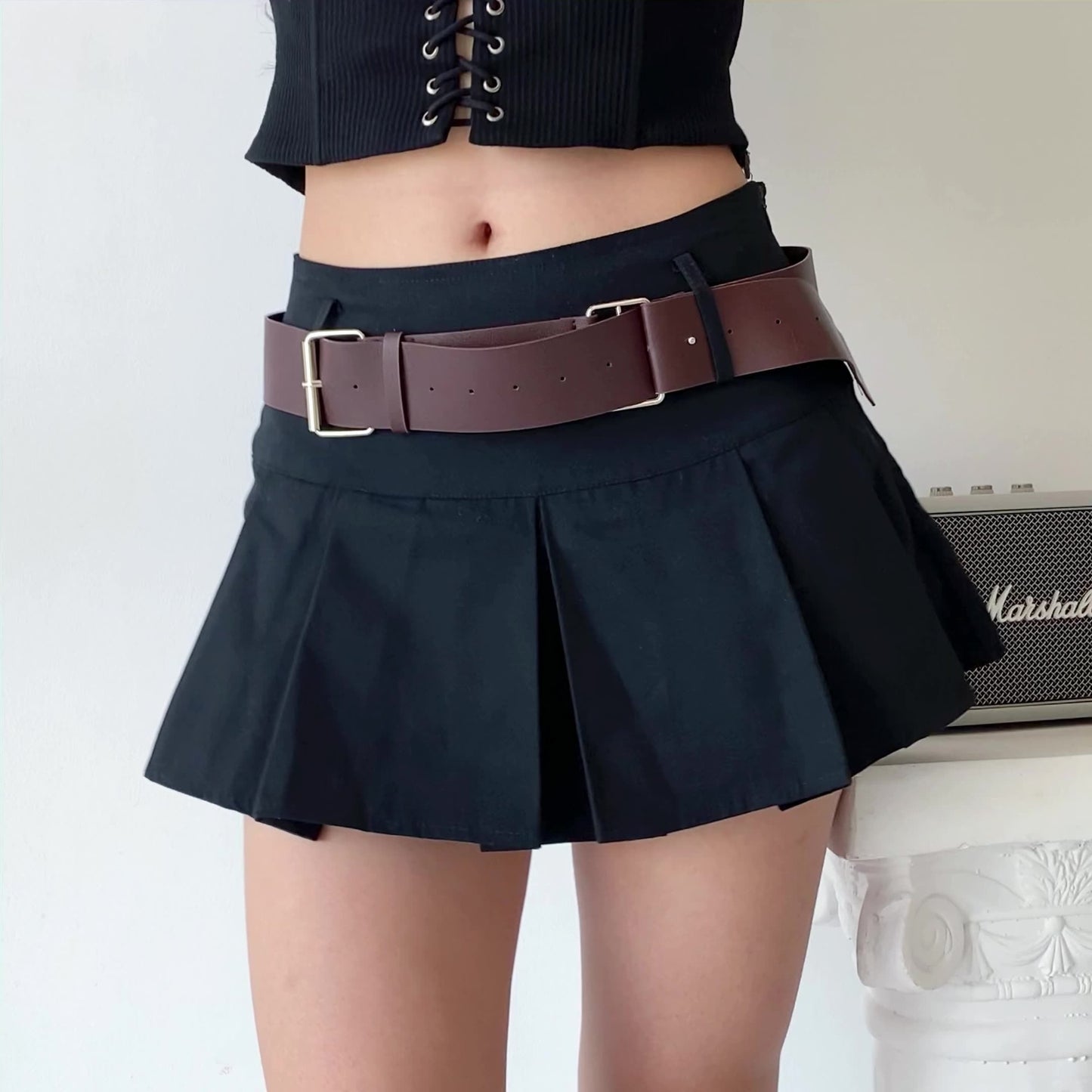 swvws - Y2K Corduroy Pleated Mini Skirt // Black