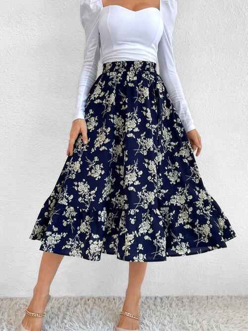 swvws Printed Ruffle Hem Midi Skirt