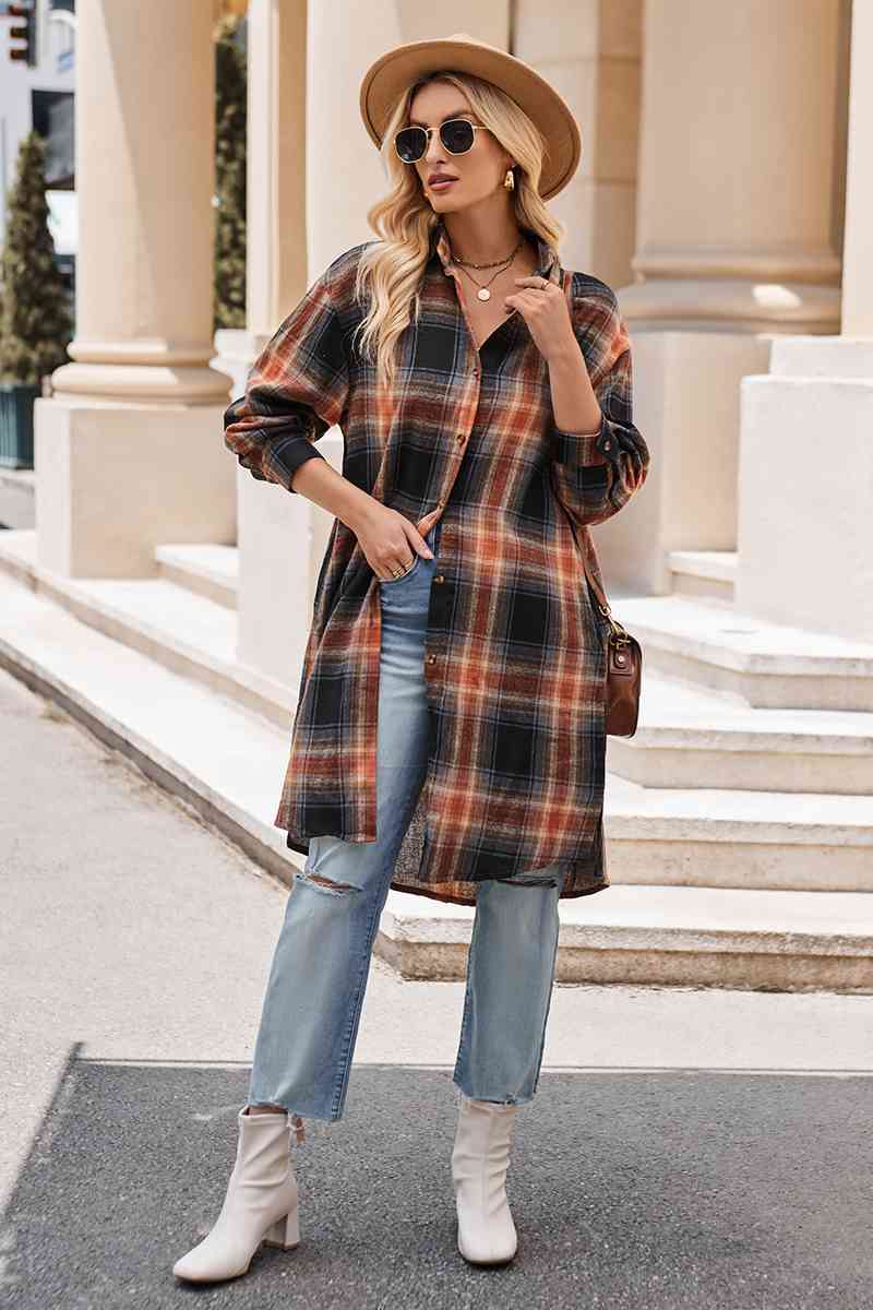 swvws Plaid Collared Neck Long Sleeve Coat