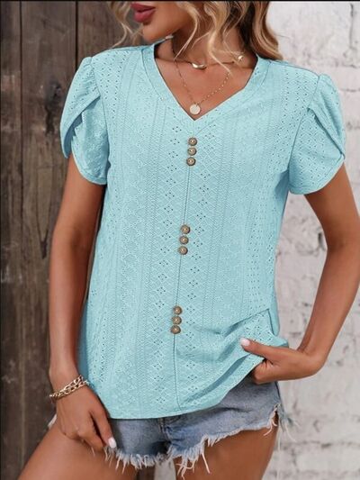 swvws Eyelet V-Neck Petal Sleeve T-Shirt