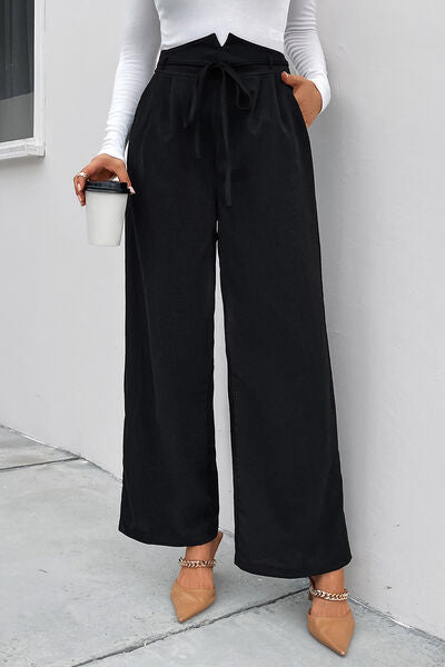 swvws High Waist Ruched Tie Front Wide Leg Pants