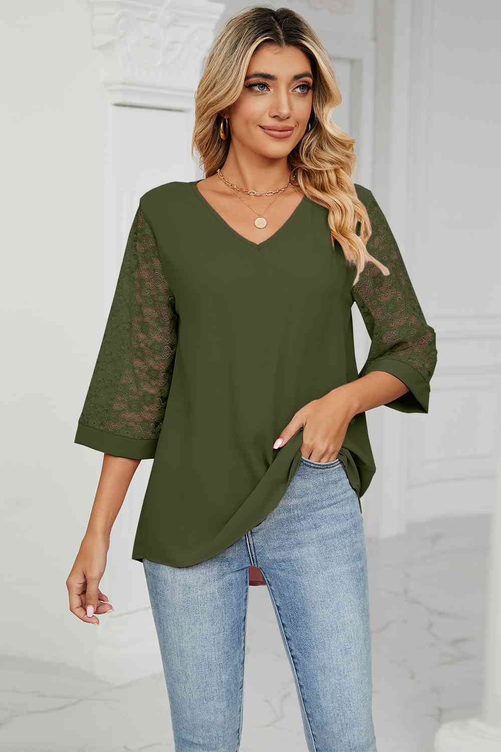 swvws V-Neck Three-Quarter Sleeve Top