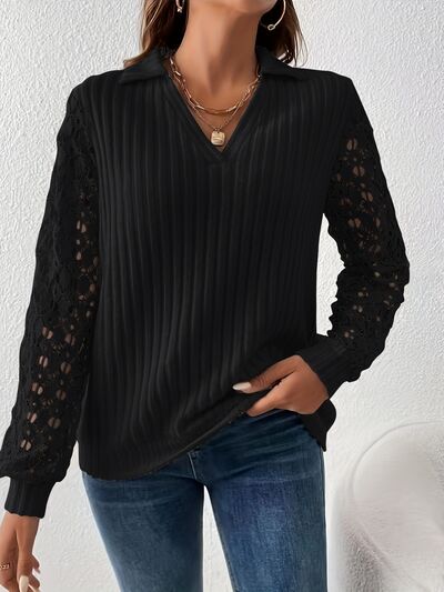 swvws Lace Detail Johnny Collar Long Sleeve Blouse