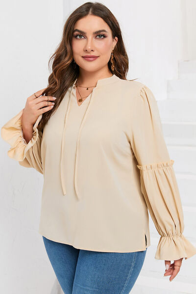 swvws Plus Size Ruffled Tie Neck Flounce Sleeve Blouse