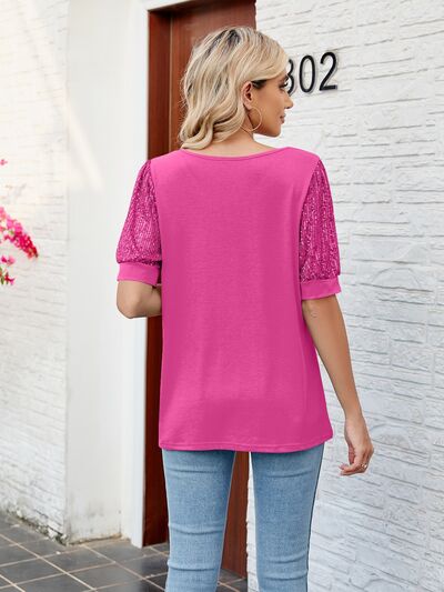 swvws Sequin V-Neck Short Sleeve Blouse