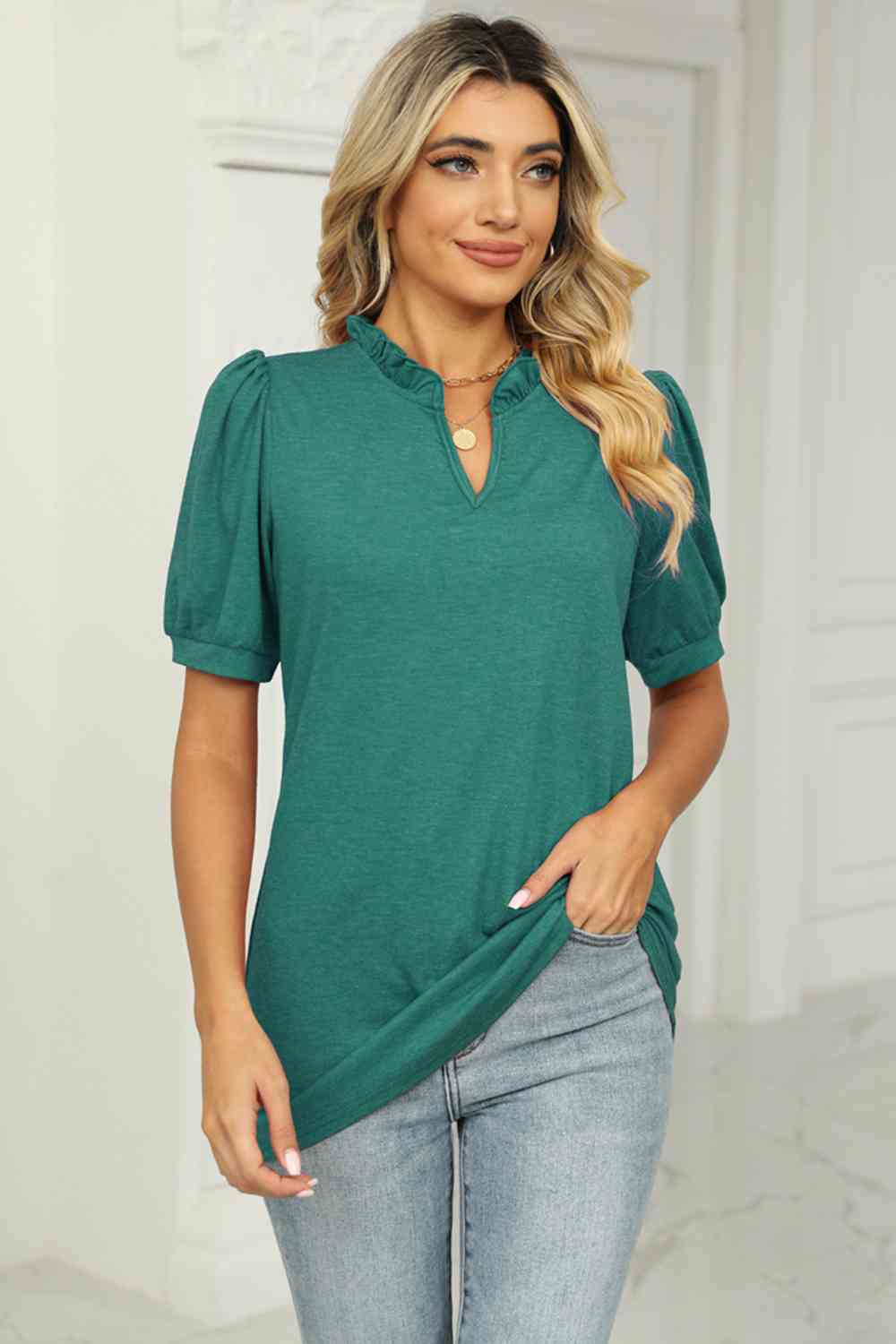 swvws Notched Neck Puff Sleeve T-Shirt