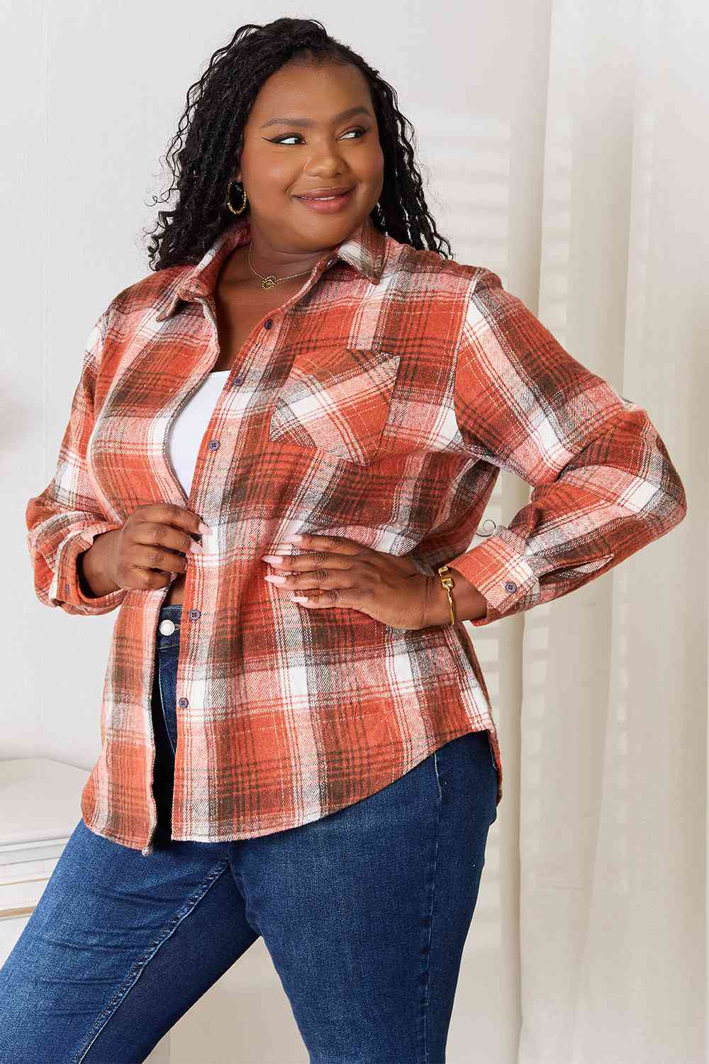 swvws Double Take Plaid Collared Neck Long Sleeve Shirt