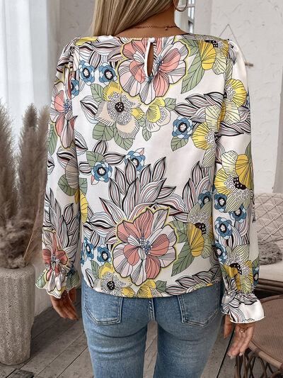 swvws Printed Round Neck Flounce Sleeve Blouse