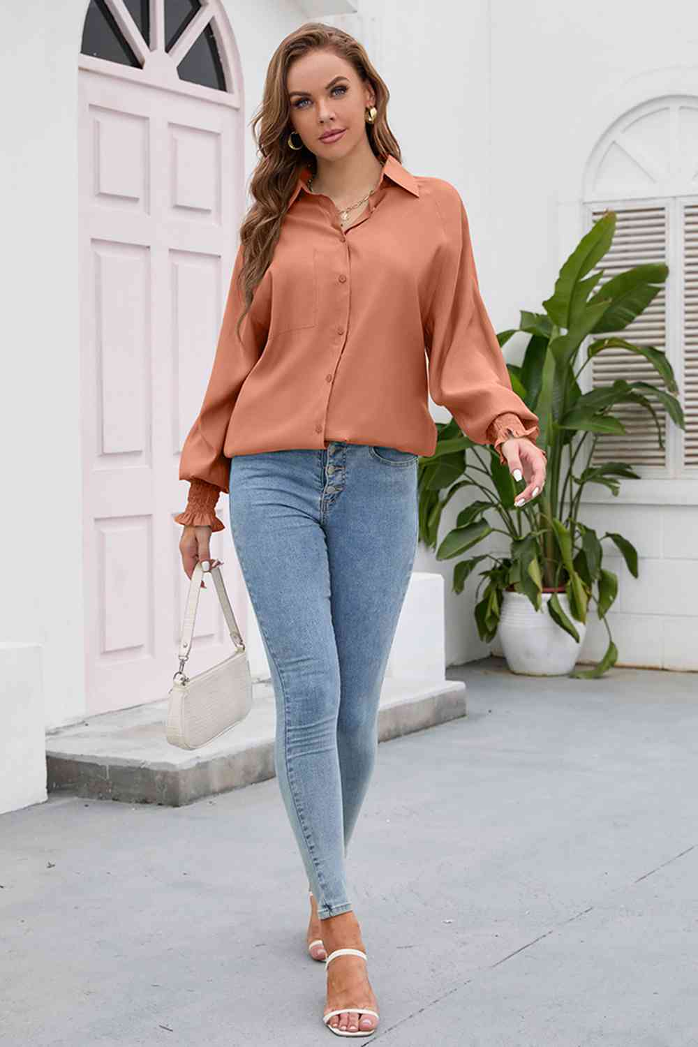 swvws High-Low Collared Neck Lantern Sleeve Shirt