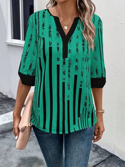 swvws Striped Notched Half Sleeve Blouse