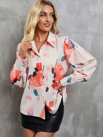 swvws Printed Button Up Lantern Sleeve Shirt